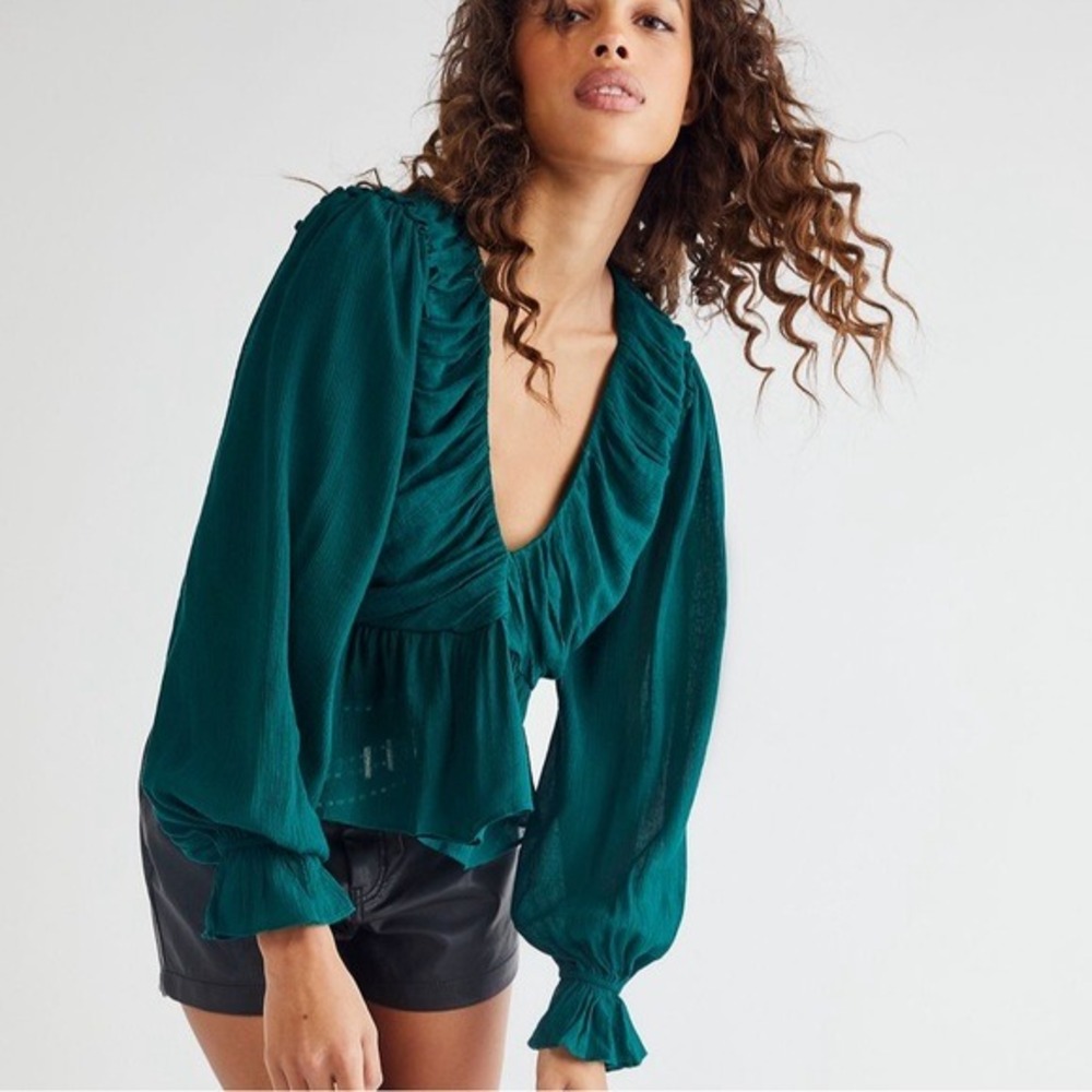 Free People Emerald Green Ruffle Peplum Blouse